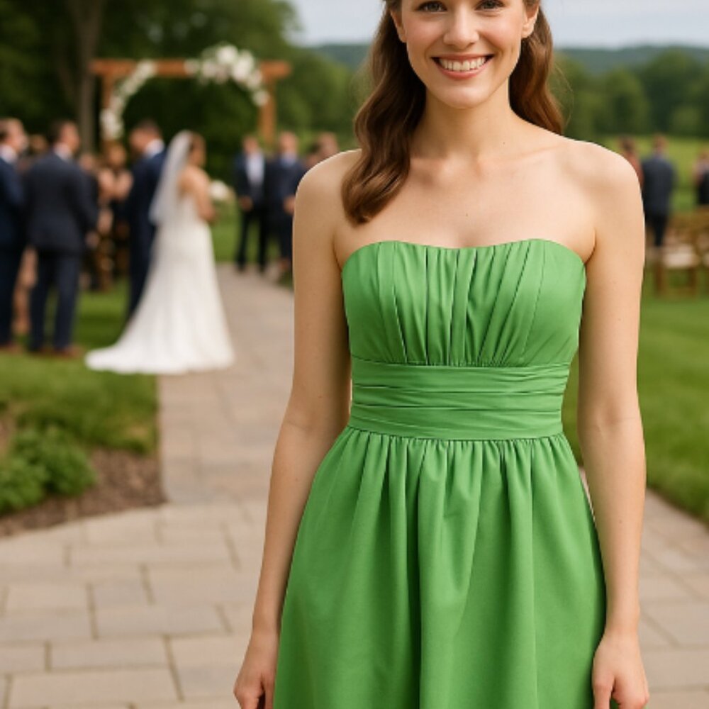 David’s Bridal Strapless Green Party Dress Size 8 – Ruched Bodice, Fit & Flare - Picture 1 of 10